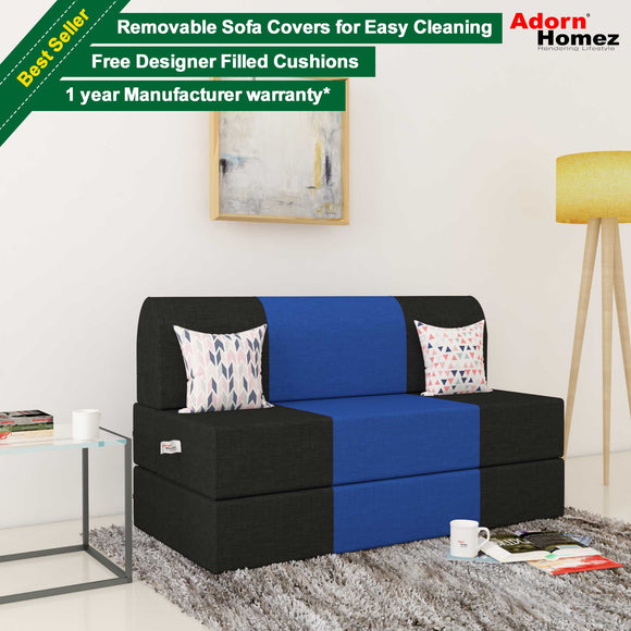 Dolphin Zeal 2 Seater Sofa Bed-Black & R.Blue- 4ft x 6ft with Free micro fiber Designer cushions