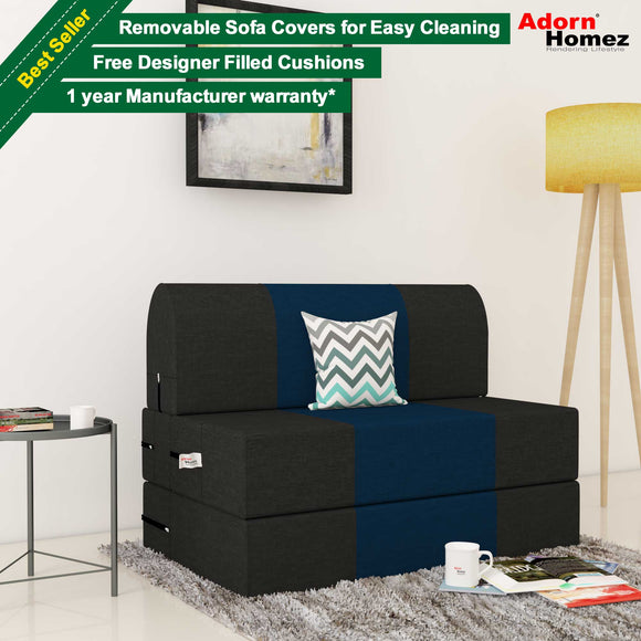 Dolphin Zeal 1 Seater Sofa Bed-Black & N.Blue- 2.5ft x 6ft with Free micro fiber Designer cushions