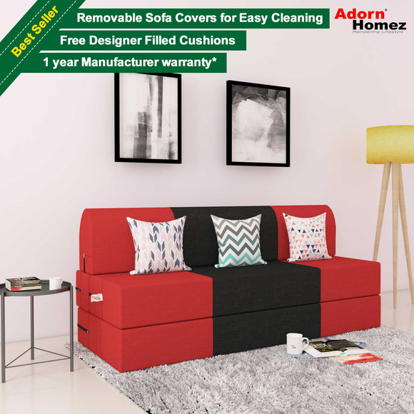 DOLPHIN ZEAL 3 SEATER SOFA CUM BED-Red & Black with Free micro fiber Designer cushions