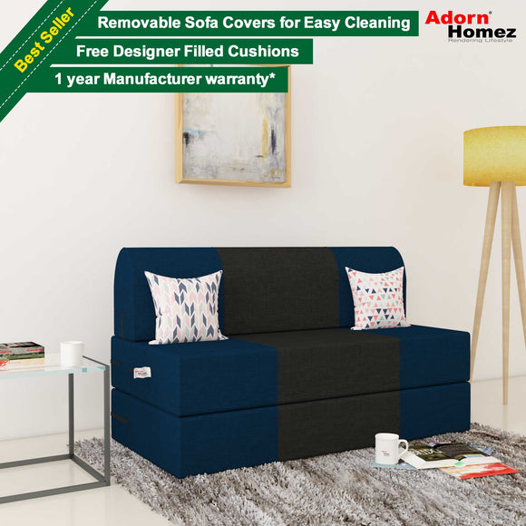 Dolphin Zeal 2 Seater Sofa Bed-N.Blue & Black- 4ft x 6ft with Free micro fiber Designer cushions