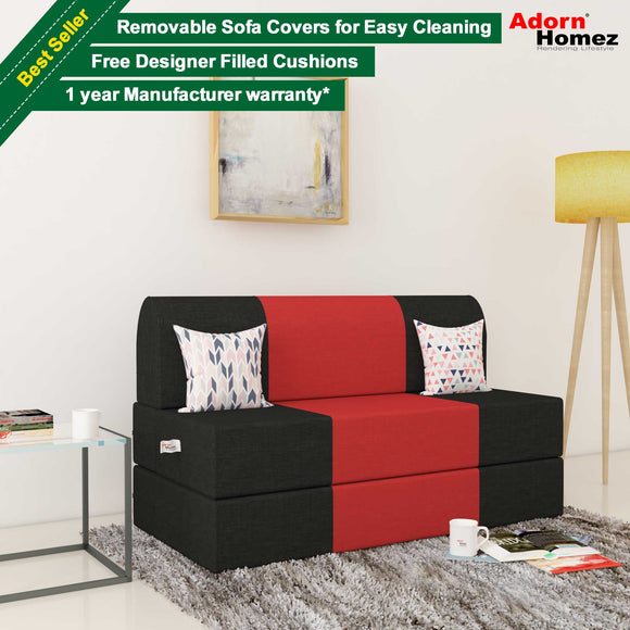 Dolphin Zeal 2 Seater  Sofa Bed-Black & Red- 4ft x 6ft with Free micro fiber Designer cushions