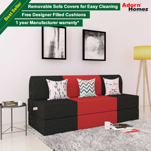 DOLPHIN ZEAL 3 SEATER SOFA CUM BED-Black & Red with Free micro fiber Designer cushions
