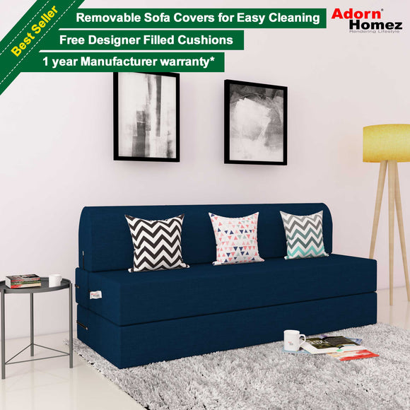 DOLPHIN ZEAL 3 SEATER SOFA CUM BED-NANY BLUE with Free micro fiber Designer cushions