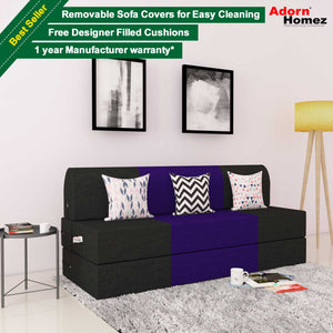 DOLPHIN ZEAL 3 SEATER SOFA CUM BED-Black & Purple with Free micro fiber Designer cushions