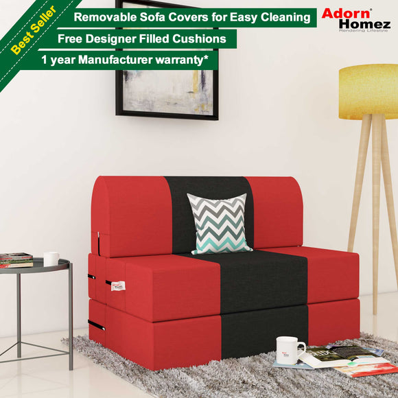 Dolphin Zeal 1 Seater Sofa Bed-Red & Black - 3ft x 6ft with Free micro fiber Designer cushions