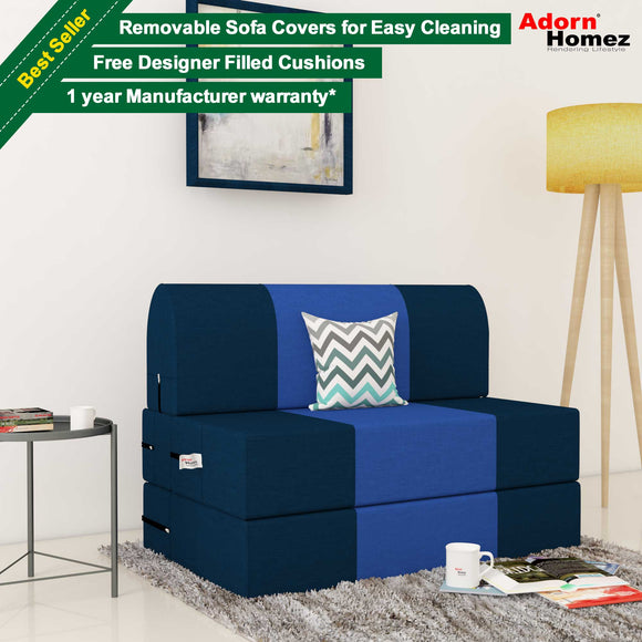 Dolphin Zeal 1 Seater Sofa Bed-N.Blue & R.Blue- 2.5ft x 6ft with Free micro fiber Designer cushions
