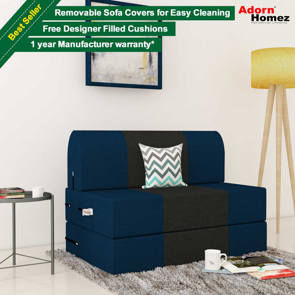 Dolphin Zeal 1 Seater Sofa Bed-N.Blue & Black- 3ft x 6ft with Free micro fiber Designer cushions