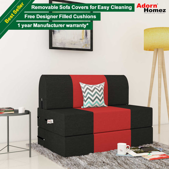 Dolphin Zeal 1 Seater Sofa Bed-Black & Red- 2.5ft x 6ft with Free micro fiber Designer cushions