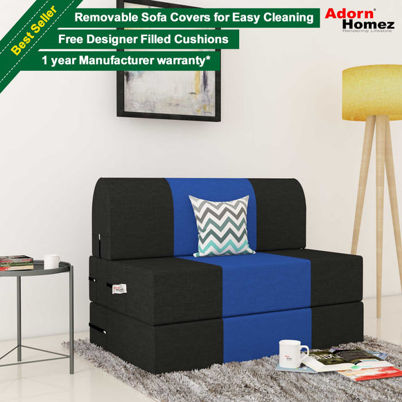 Dolphin Zeal 1 Seater Sofa Bed-Black & R.Blue- 3ft x 6ft with Free micro fiber Designer cushions