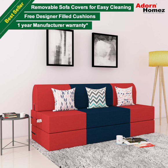 DOLPHIN ZEAL 3 SEATER SOFA CUM BED-Red & Purple with Free micro fiber Designer cushions