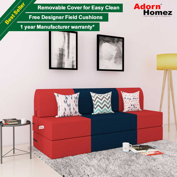 DOLPHIN ZEAL 3 SEATER SOFA CUM BED-Red & N.Blue with Free micro fiber Designer cushions