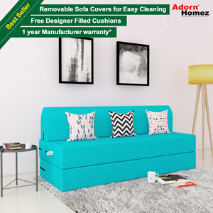 DOLPHIN ZEAL 3 SEATER SOFA CUM BED - Turquoise with Free micro fiber Designer cushions