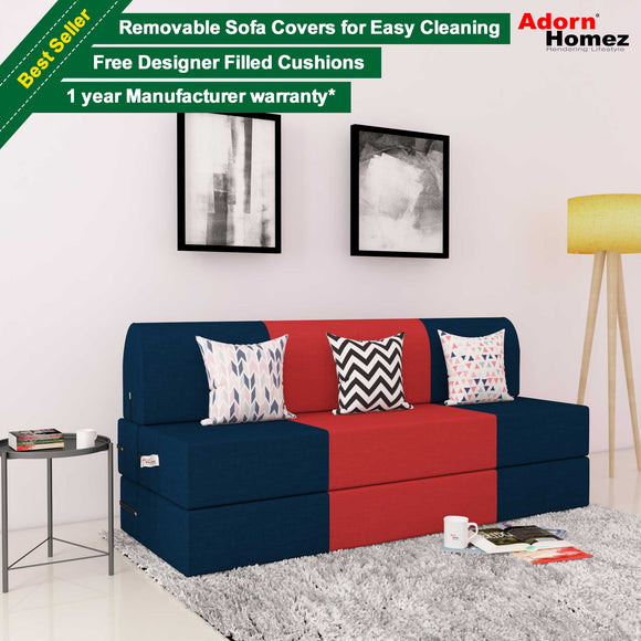 DOLPHIN ZEAL 3 SEATER SOFA CUM BED-N.Blue & Red with Free micro fiber Designer cushions
