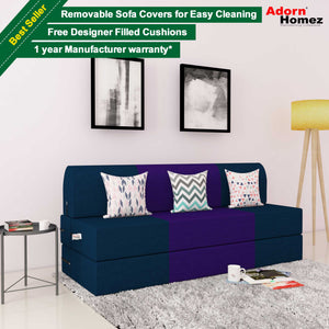 DOLPHIN ZEAL 3 SEATER SOFA CUM BED-N.Blue & Purple with Free micro fiber Designer cushions