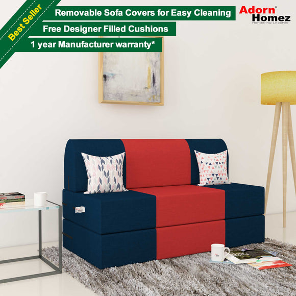 Dolphin Zeal 2 Seater Sofa Bed-N.Blue & Red- 4ft x 6ft with Free micro fiber Designer cushions