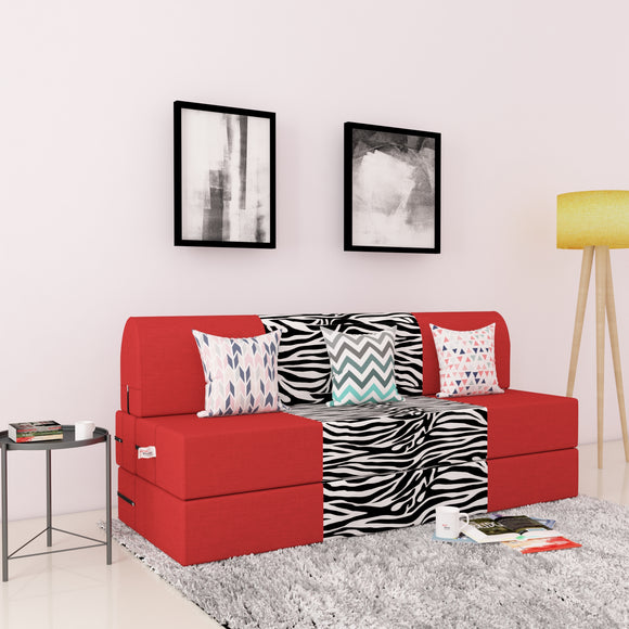 DOLPHIN ZEAL 3 SEATER SOFA CUM BED-Red & Zebra with Free micro fiber Designer cushions