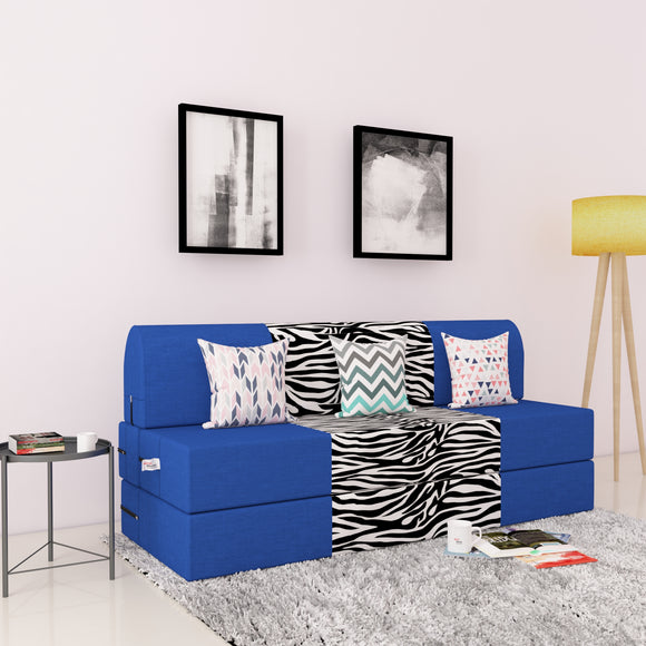 DOLPHIN ZEAL 3 SEATER SOFA CUM BED-R.Blue & Zebra with Free micro fiber Designer cushions
