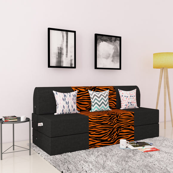 DOLPHIN ZEAL 3 SEATER SOFA CUM BED-Black & Golden Zebra with Free micro fiber Designer cushions
