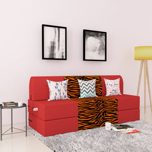 DOLPHIN ZEAL 3 SEATER SOFA CUM BED-Red & Golden Zebra with Free micro fiber Designer cushions